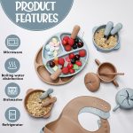 16 Pcs Silicone Baby Feeding Set Baby Led Weaning Supplies Baby Eating Supplies Utensils with Divided Silicone Suction Plates Adjustable Bib Bowl Cutlery Snack Cup Spoons Straw Green Beige 6 Months+ - Image 5
